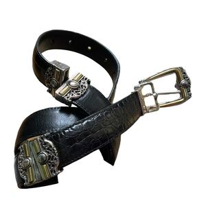 Vintage 90s Black Regal Western Faux Crocodile Reversible Etched Metal Belt